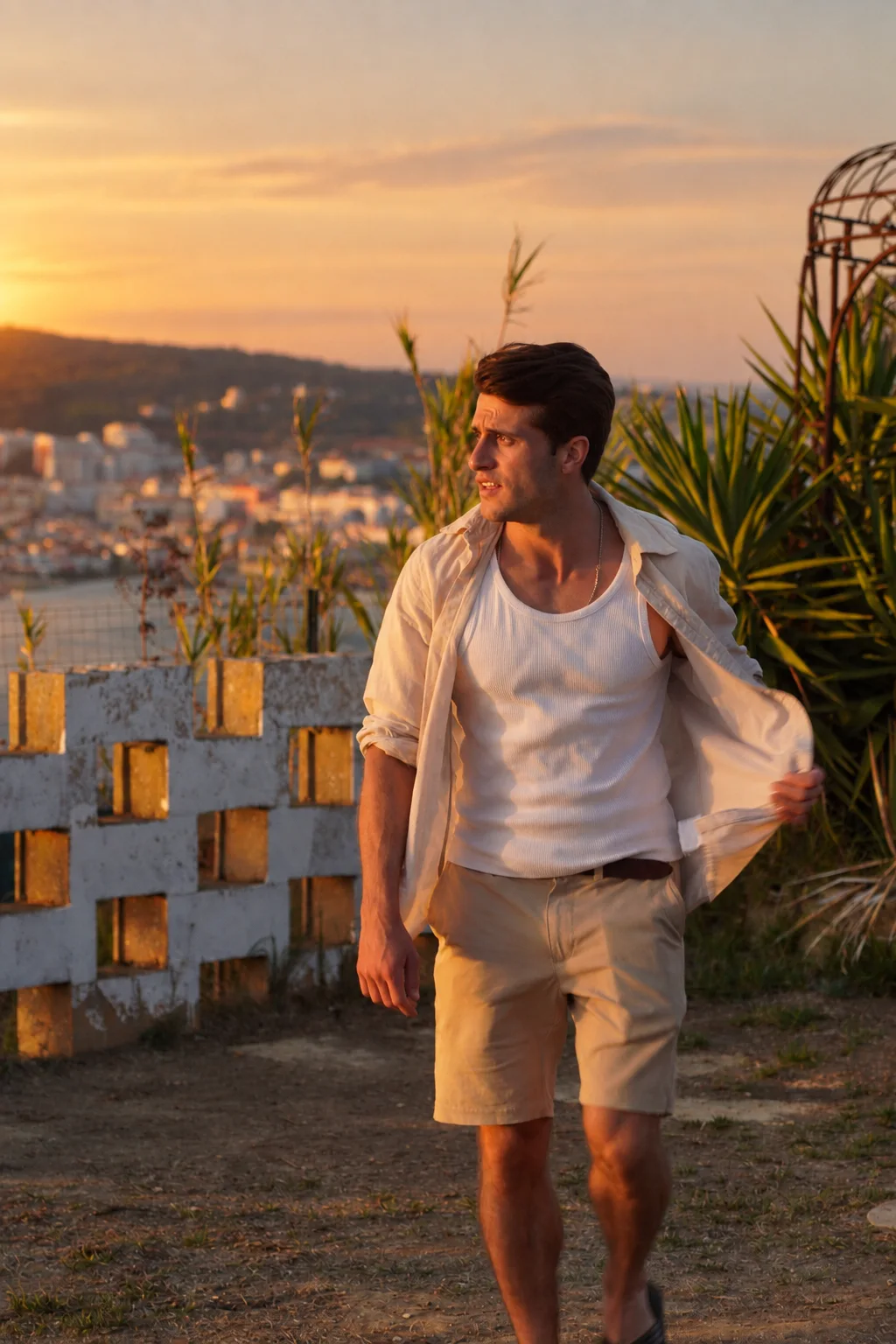 Phyles standing above Lisbon at sunset